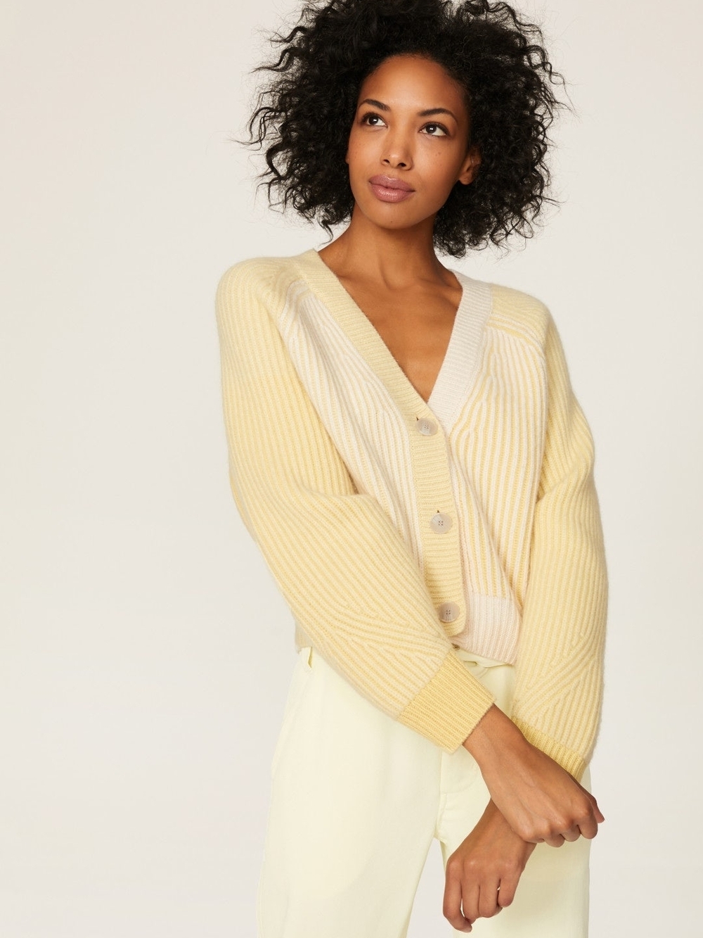 NAADAM Pale Yellow Ribbed V-Neck Cardigan
